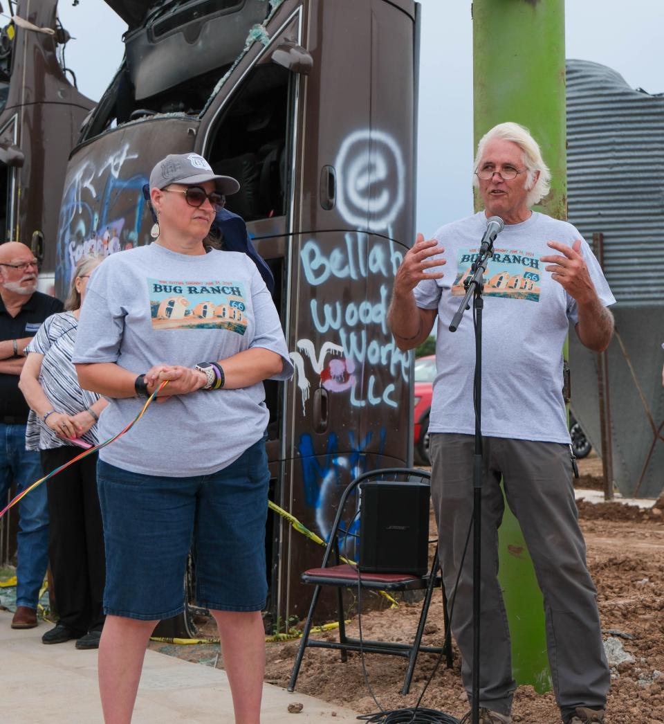 Andy Meroney president of the Bug Ranch Association speaks to the crowd Friday at the christening of the new Big Texan Route 66 Bug Ranch in Amarillo.