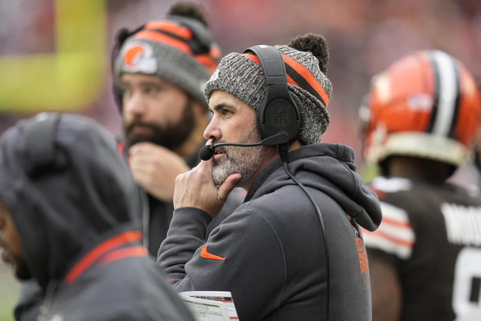 Cleveland Browns head coach Kevin Stefanski watches from the sidelin during the first half of an NFL football game against the Jacksonville Jaguars, Sunday, Dec. 10, 2023, in Cleveland. (AP Photo/Sue Ogrocki)