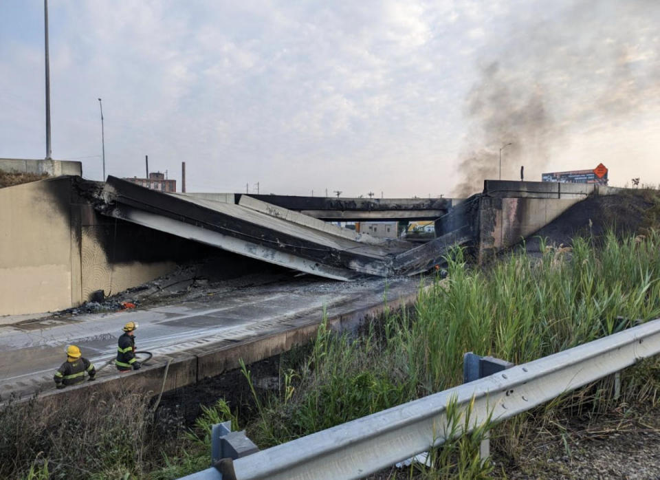 In this handout photo provided by the City of Philadelphia Office of Emergency Management, smoke rises from a collapsed section of the I-95 highway on June 11, 2023, in Philadelphia, Pennsylvania.  / Credit: City of Philadelphia Office of Emergency Management