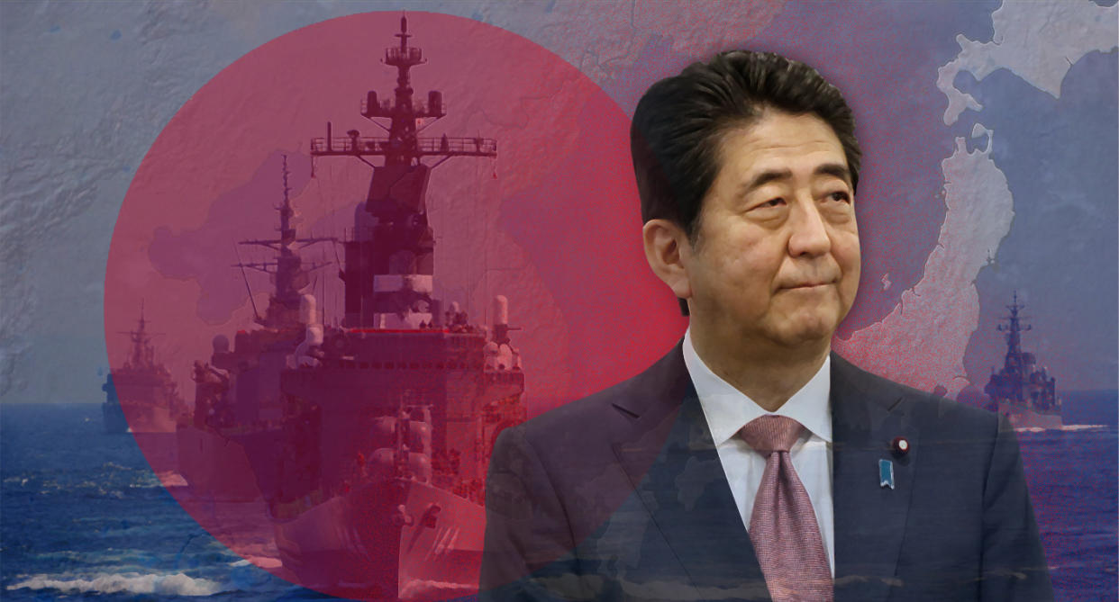 Japanese Prime Minister Shinzo Abe and Japan’s Maritime Self-Defense Force (JMSDF) destroyer Kurama. (Photo-illustration: Yahoo News; photos: AP (2), Toru Hanai /Reuters)