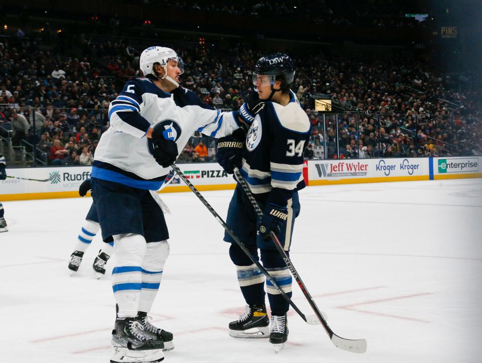 Blue Jackets rookie Cole Sillinger has had some memorable encounters with other NHL players this season, including here when he took a swing from Jets defenseman Brenden Dillon.