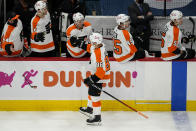 Philadelphia Flyers left wing Joel Farabee (86) celebrates his goal during the first period of an NHL hockey game against the Washington Capitals, Friday, May 7, 2021, in Washington. (AP Photo/Alex Brandon)