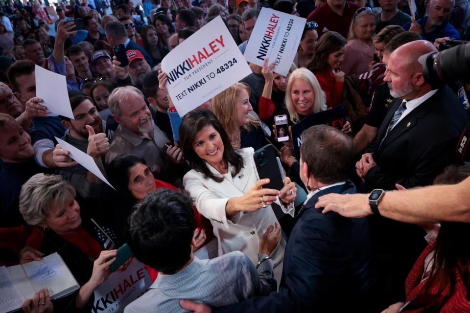 PHOTO: Republican presidential candidate Nikki Haley greets supporters following her first campaign event,  Feb. 15, 2023, in Charleston, S.C.  (Win Mcnamee/Getty Images)