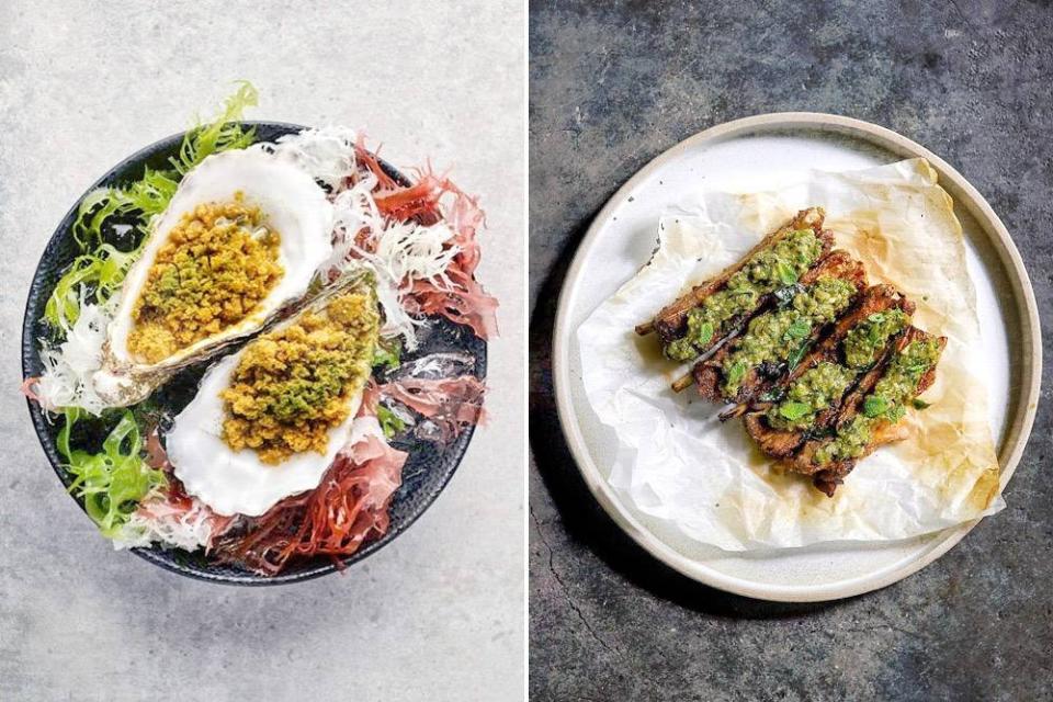 Irish Oyster Rassam Granita (left). Cumin and Coriander Lamb Ribs (right).