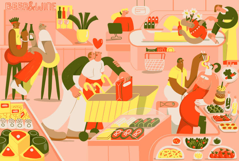 illustration of four couples on dates inside of a grocery store