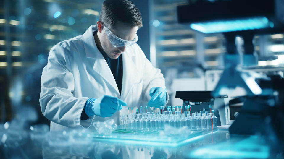 A scientist working in a modern lab, examining small-molecule and protein therapeutics.