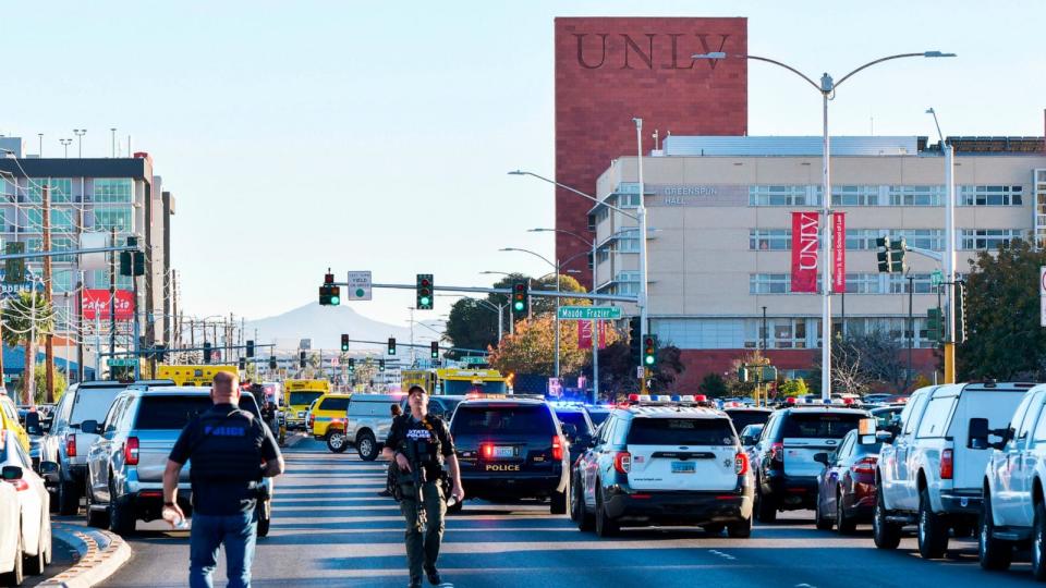 PHOTO: View of halted traffic after a shooting at UNLV where 3 were reported dead and 1 in critical condition at the University of Nevada, Las Vegas in Las Vegas on Dec. 6, 2023.  (DeeCee Carter/MediaPunch/IPx via AP)