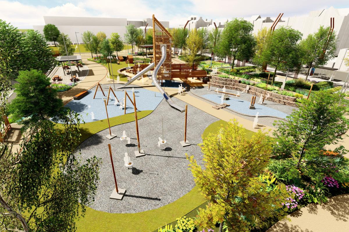 A visualisation of what the future Stockton town centre urban park will look like <i>(Image: LDR)</i>