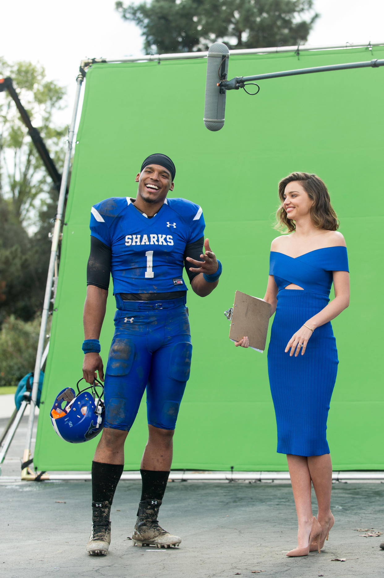 LOS ANGELES, CA - JANUARY 13:  Quarterback Cam Newton #1 of the Carolina Panthers (L) and model Miranda Kerr attend 'Buick Super Bowl ad featuring the cascada and encore with football star Cam Newton and supermodel Miranda Kerr' on January 13, 2017 in Los Angeles, California.  (Photo by Emma McIntyre/Getty Images for Buick) *** Local Caption *** Cam Newton;Miranda Kerr