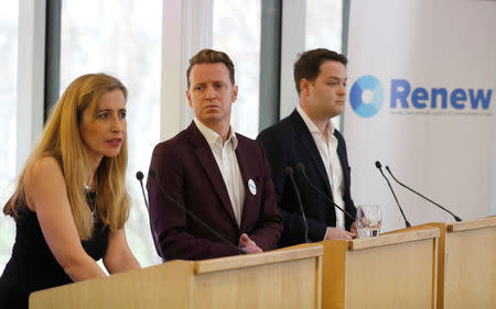 Sandra Khadhouri, together with fellow Renew party members James Clarke and James Torrance, speaks at the launch of the new political party in London, Britain, February 19, 2018. REUTERS/Peter Nicholls