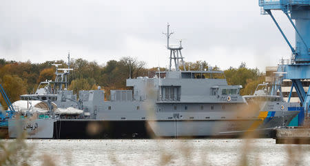 The coast guard boats "Alriyadh", "Sharorah" and a third one for Saudi Arabia are pictured at the Luerssen Peene shipyard in Wolgast, Germany, October 23, 2018. REUTERS/Hannibal Hanschke