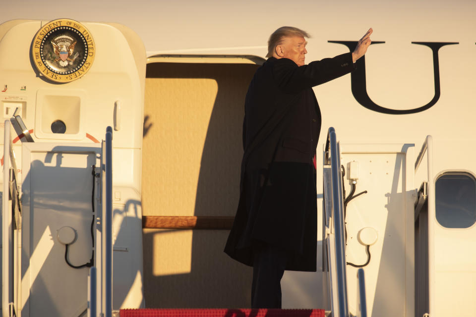 President Donald Trump boards Air Force One on Friday, Nov. 1, 2019, at Andrews Air Force Base, Md. for a trip to a campaign rally in Tupelo, Miss. (AP Photo/Kevin Wolf)
