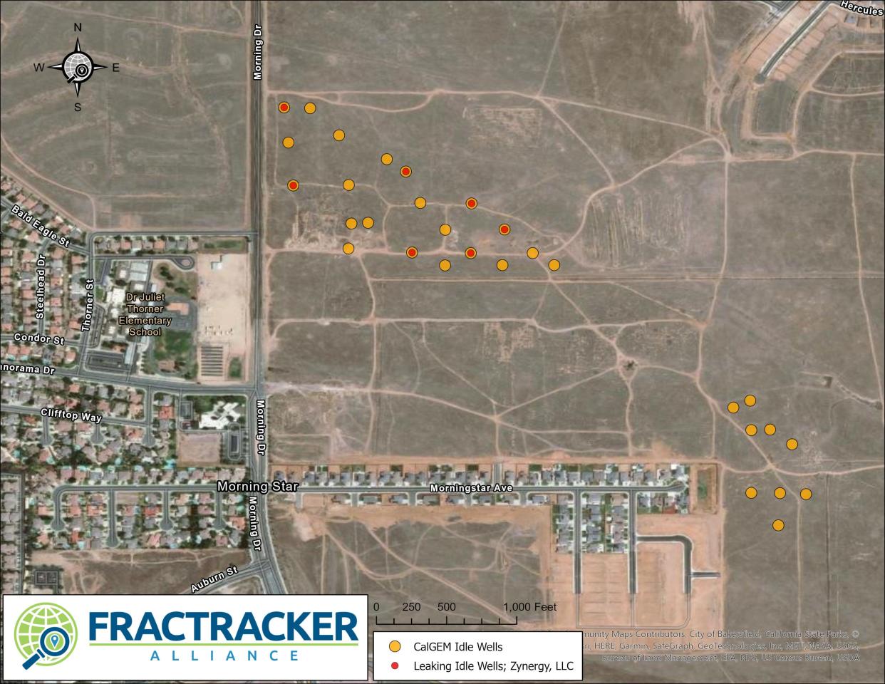 Leaking and idle oil wells near homes and an elementary school in the Morning Star neighborhood in Bakersfield.