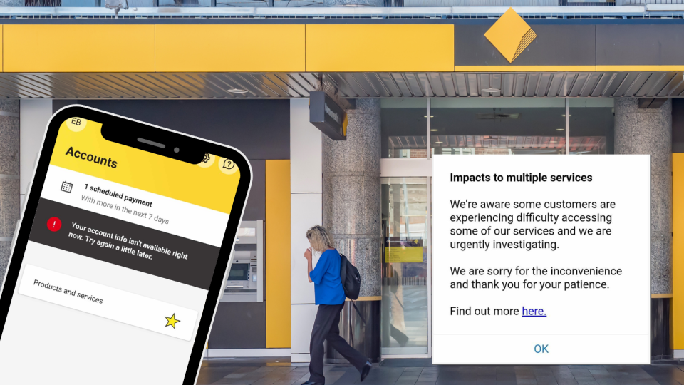 A composite image of a Commonwealth Bank branch and CBA error messages.