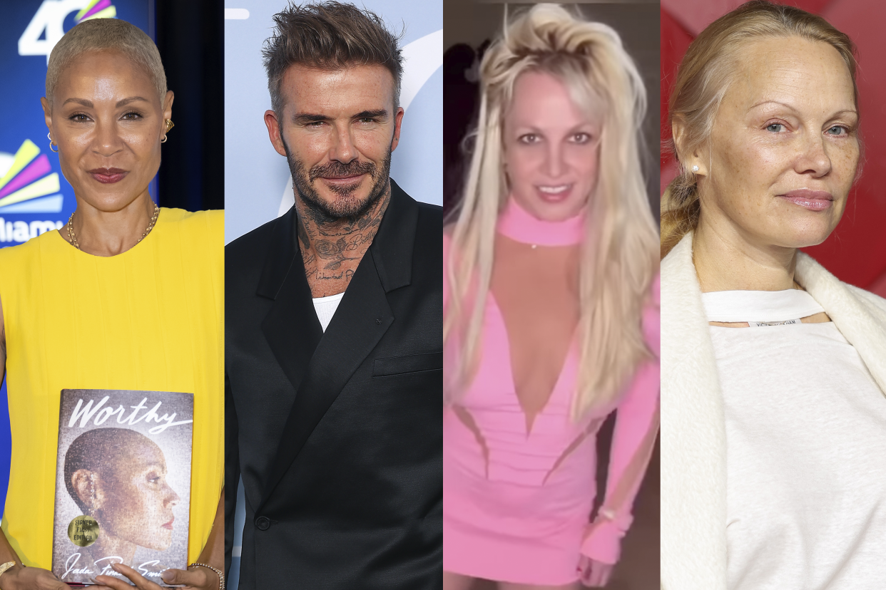 Four separate photos of Jada Pinkett Smith, David Beckham, Britney Spears and Pamela Anderson, all looking at the camera.