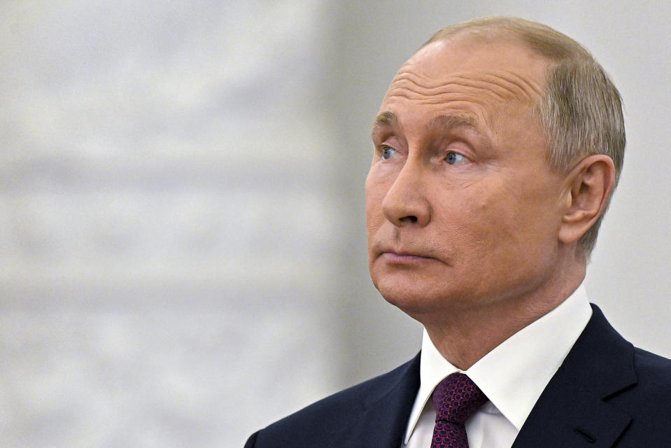 Russian President Vladimir Putin speaks while marking Day of Russia at the Grand Kremlin Palace in Moscow, Russia, Saturday, June 12, 2021. Since 1992, Russia Day is annually celebrated on 12 June as the Russian Federation's national holiday. (Yevgeny Odinokov, Sputnik, Kremlin Pool Photo via AP)