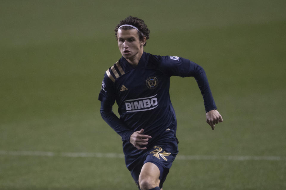 CHESTER, PA - OCTOBER 11: Brenden Aaronson #22 of Philadelphia Union in action against the Montreal Impact at Subaru Park on October 11, 2020 in Chester, Pennsylvania. The Philadelphia Union defeated the Montreal Impact 2-1. (Photo by Mitchell Leff/Getty Images)