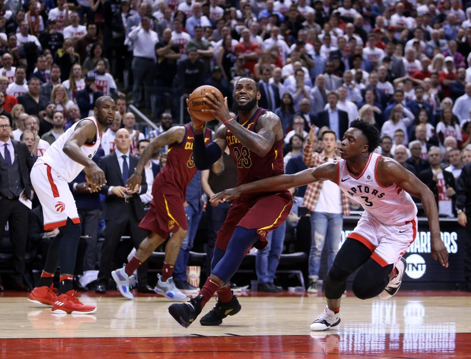 LeBron James dropped 43 points in Cleveland’s dominant 128-110 win in Game 2 on Thursday in Toronto. (Getty Images)