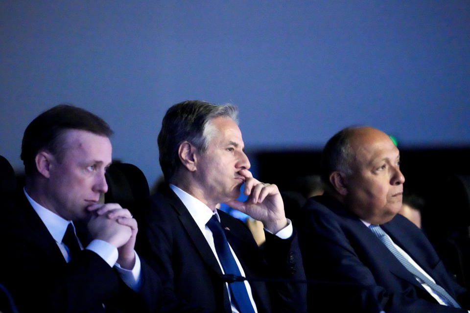 From left, White House national security adviser Jake Sullivan, Secretary of State Antony Blinken and Sameh Shoukry, Egypt Foreign Minister and COP27 president, listen as President Joe Biden speaks at the COP27 U.N. Climate Summit, Friday, Nov. 11, 2022, at Sharm el-Sheikh, Egypt. (AP Photo/Alex Brandon)