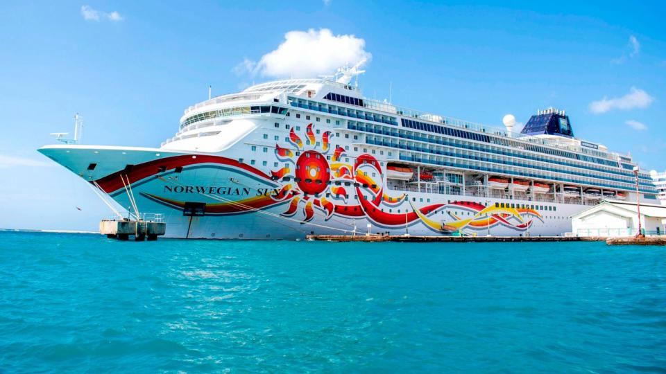 PHOTO: In this April 23, 2021, file photo, the cruise ship Norwegian Sun from Norwegian Cruise Line is shown near the island of Aruba. (Sipa USA via AP, FILE)
