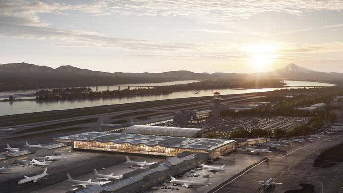 Exterior aerial view of PDX's revamped main terminal, whose facelift is set to cost a whopping $1.5 billion.