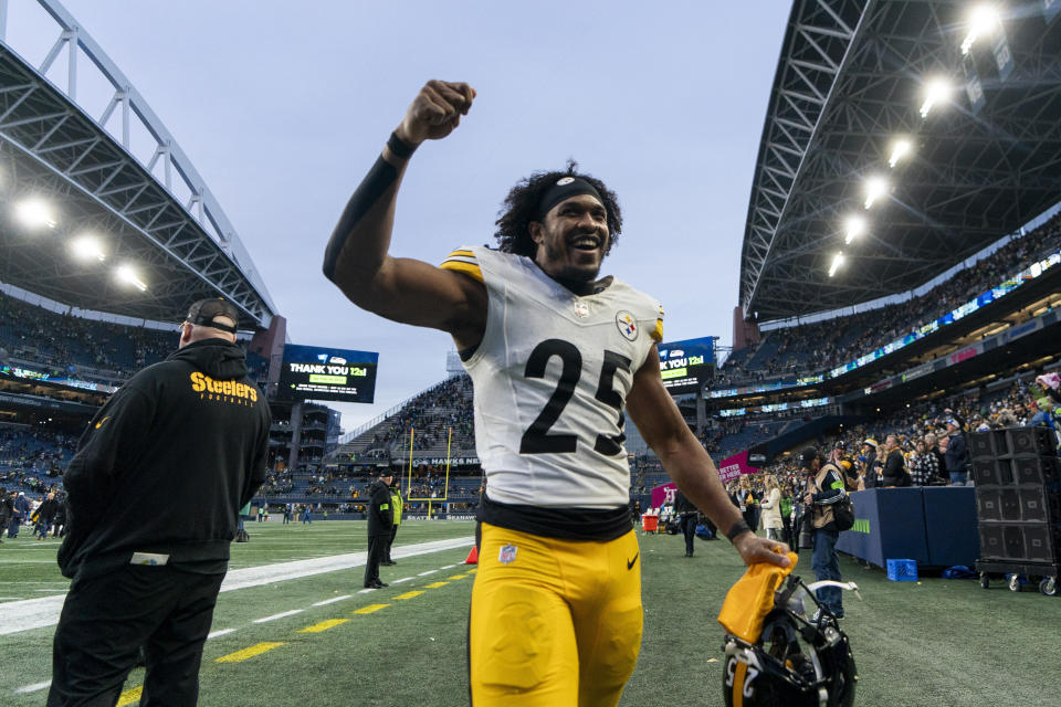 FILE - Pittsburgh Steelers safety Eric Rowe (25) reacts after a 30-23 win over the Seattle Seahawks in an NFL football game Sunday, Dec. 31, 2023, in Seattle. Eric Rowe will be in the playoffs this weekend after being signed to the Steelers practice squad late in the season. Teams are using expanded practice squad rules brought about by the COVID-19 pandemic to stash veterans like Rowe until they're ready to contribute down the stretch.(AP Photo/Lindsey Wasson, File)