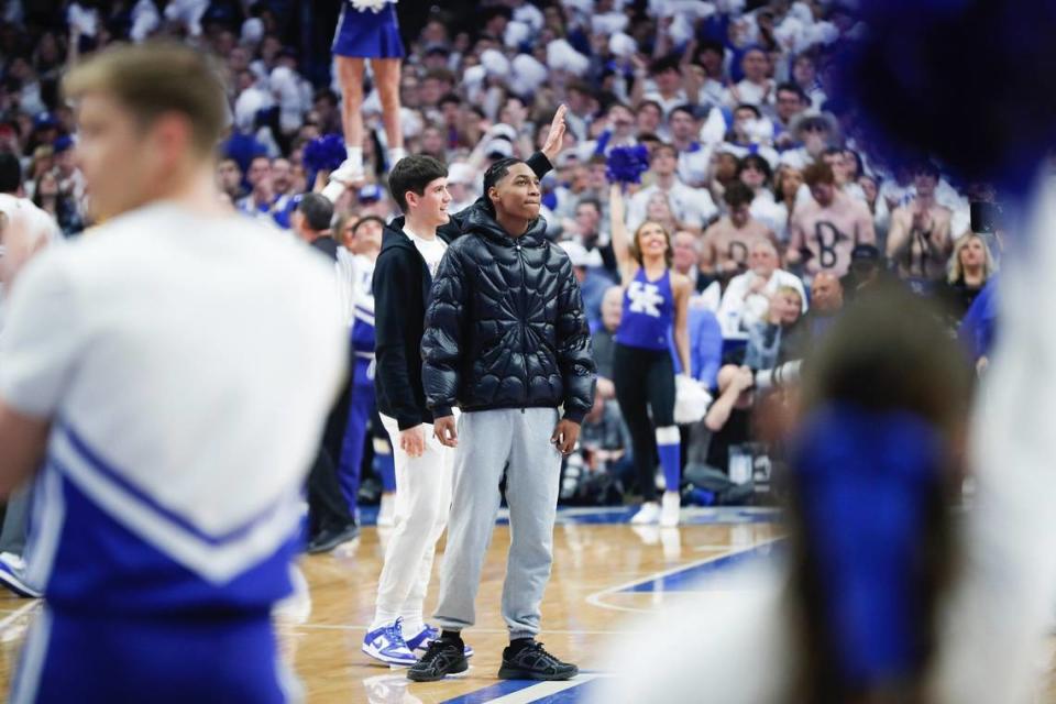 Kentucky signees Robert Dillingham and Reed Sheppard are introduced to the crowd during the Kentucky-Kansas game at Rupp Arena last January. Both players are part of UK’s incoming 2023 recruiting class.