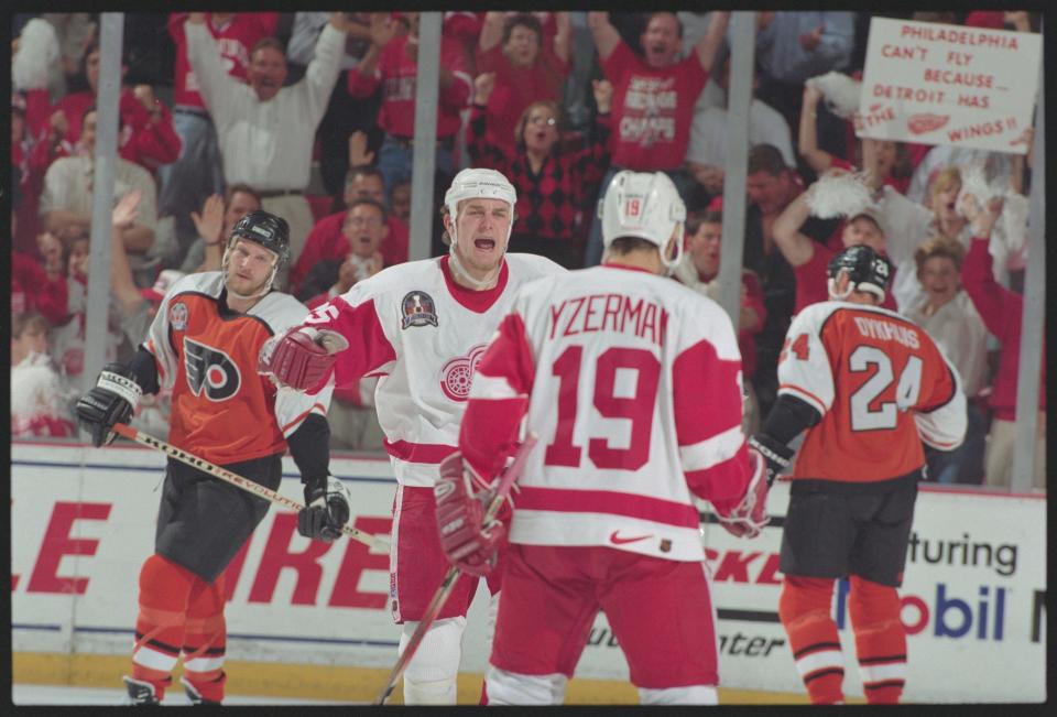 Detroit Red Wings' Steve Yzerman celebrates his goal vs. the Philadelphia Flyers during the first period in Game 3 of the Stanley Cup Finals at Joe Louis Arena, June 5, 1997.