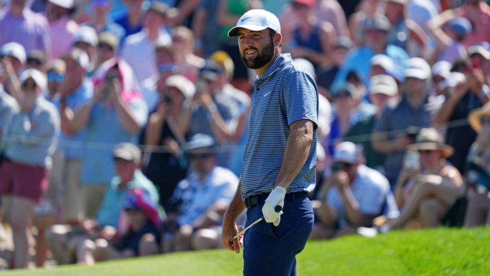 PHOTO: Scottie Scheffler lines up a putt on the 18th hole during the final round of the PGA Championship golf tournament at Valhalla Golf Club, May 19, 2024, in Louisville, Ky.  (Matt Stone/USA TODAY Sports via Reuters)