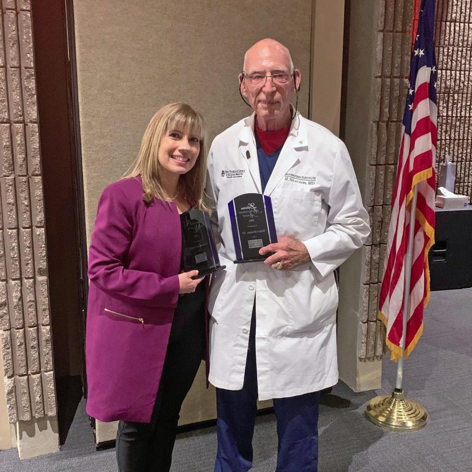 Award recipients: Herbert Silverstein, MD (right) was awarded SMH-Sarasota’s 2022 Lifetime Achievement Award, while Wilhelmine Wiese-Rometsch, MD, received the Sarasota medical staff’s 2022 Physician of the Year.