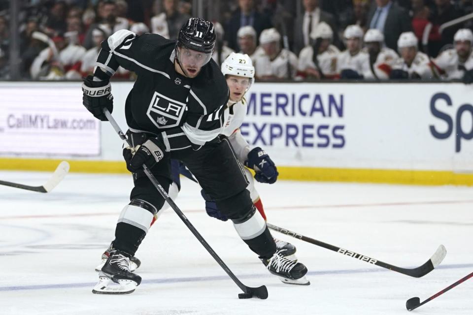 Kings center Anze Kopitar controls the puck against the Florida Panthers in March.