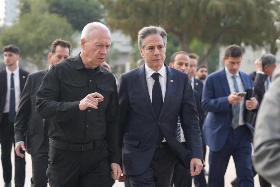 US Secretary of State Antony Blinken (R) meets with Israeli Defense Minister Yoav Gallant (L) in Tel Aviv, Israel on Jan. 9, 2024.