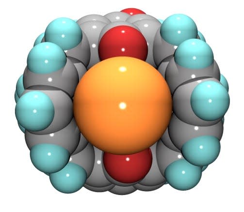 The calix-crown molecule has a ready-made cavity for hosting the positively charged cesium atom (Cs+ ion, shown as the large orange ball). But the molecule also extracts the nitrate anion (three red balls next to the green arrow at right and the Cs+ ion buried within, at left), which needs a little extra help from ORNL’s special solvent modifier.