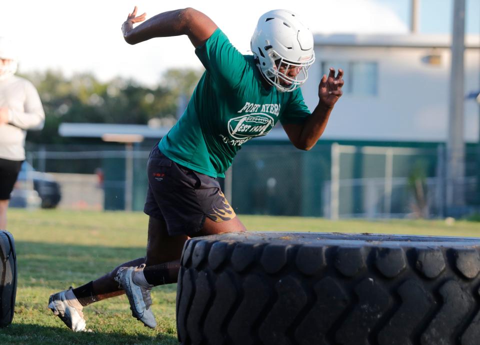 Kendall Guervil participates in early morning drills. Fort Myers High School football players were up early on Tuesday, August 1, 2023, as practices got underway for their upcoming season.  