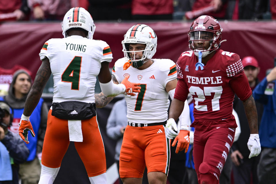Miami wide receiver Xavier Restrepo (7) celebrates his touchdown with Colbie Young (4) past Temple safety Elijah Deravil (27) during the first half of an NCAA college football game, Saturday, Sept. 23, 2023, in Philadelphia. (AP Photo/Derik Hamilton)