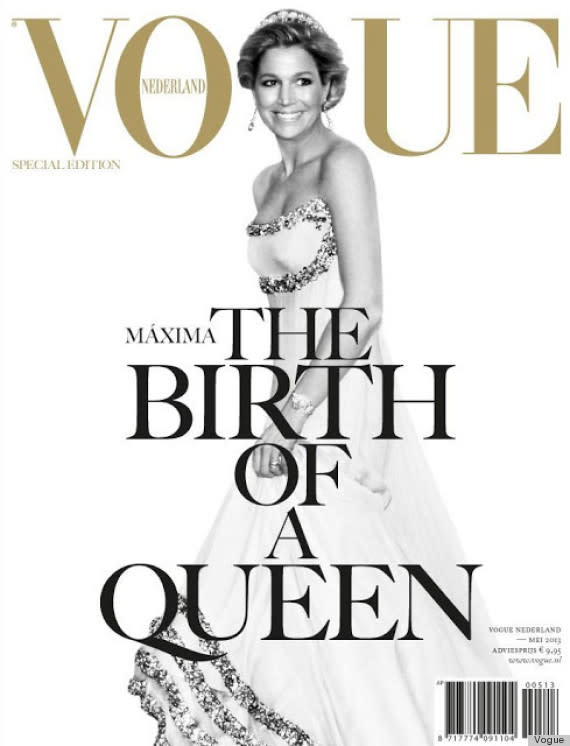 <p>It’s not just British royals that sell fashion magazines! In 2013, Queen Maxima <a rel="nofollow noopener" href="http://www.huffingtonpost.com/2013/05/31/queen-maxima-vogue-netherlands-cover_n_3367584.html" target="_blank" data-ylk="slk:covered;elm:context_link;itc:0;sec:content-canvas" class="link ">covered</a> <i>Vogue</i> Netherlands. <i>(Photo: Vogue Netherlands)</i></p>