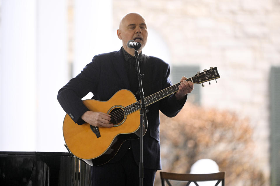 Billy Corgan performs during a memorial service for Lisa Marie Presley Sunday, Jan. 22, 2023, in Memphis, Tenn. She died Jan. 12 after being hospitalized for a medical emergency and was buried on the property next to her son Benjamin Keough, and near her father Elvis Presley and his two parents. (AP Photo/John Amis)