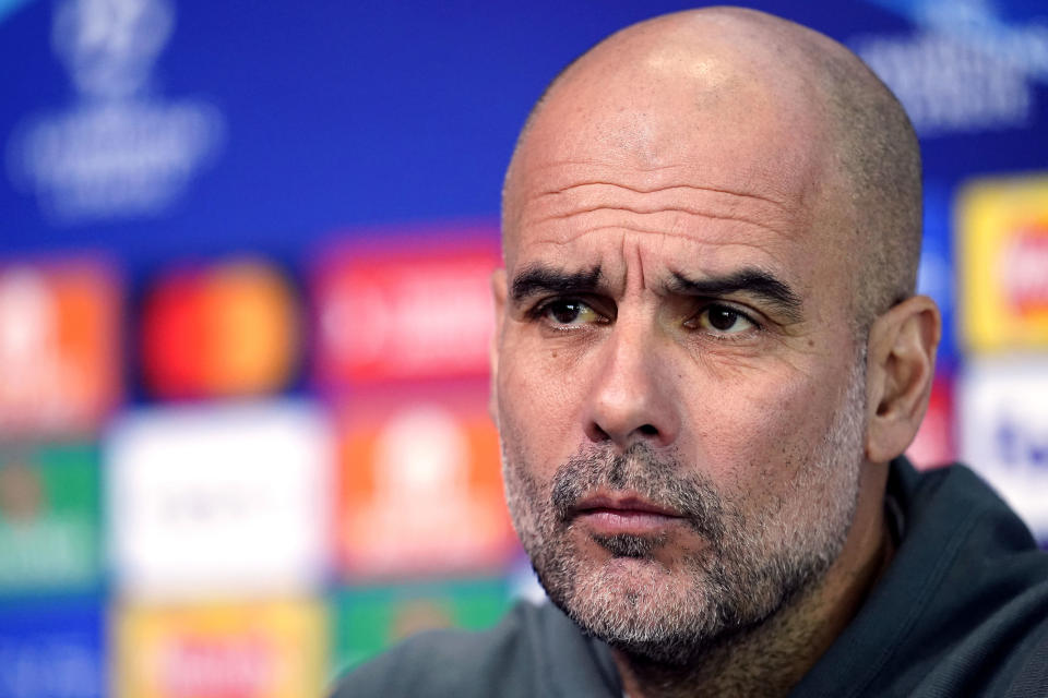 Manchester City manager Pep Guardiola attends a press conference at the City Football Academy, Manchester, England, Tuesday, March 5, 2024 ahead of Wednesday's Champions League, round of 16 second-leg soccer match against Copenhagen. (Nick Potts/PA via AP)