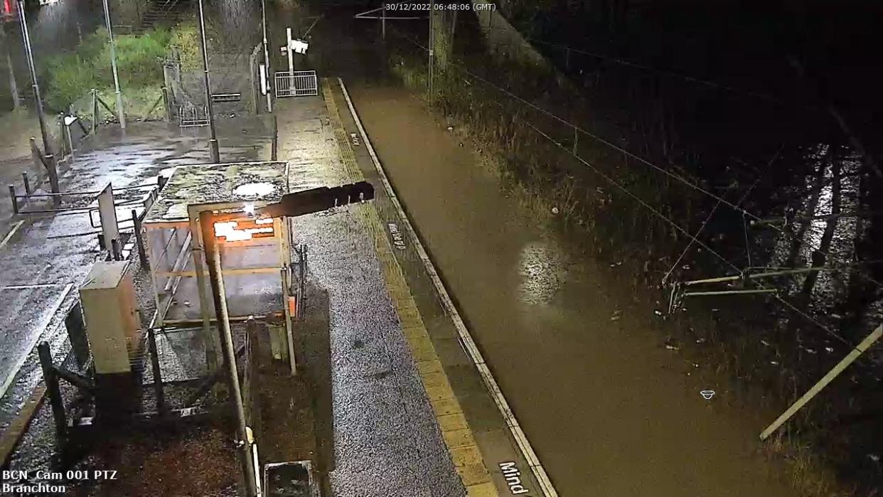 Flooding at Branchton station closed the railway line between Glasgow and Wemyss Bay, Inverclyde (ScotRail/PA)