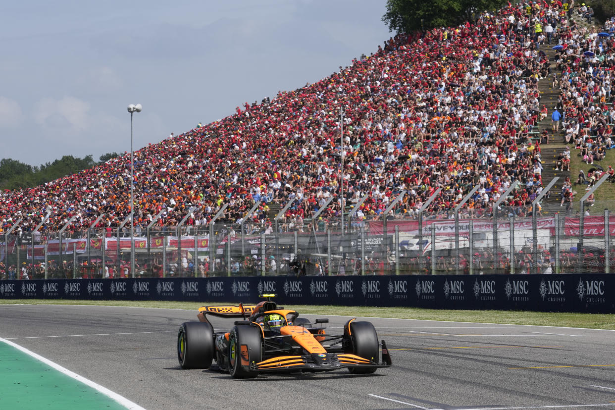 McLaren driver Lando Norris of Britain steers his car during the Italy's Emilia Romagna Formula One Grand Prix race at the Dino and Enzo Ferrari racetrack in Imola, Italy, Sunday, May 19, 2024. (AP Photo/Luca Bruno)