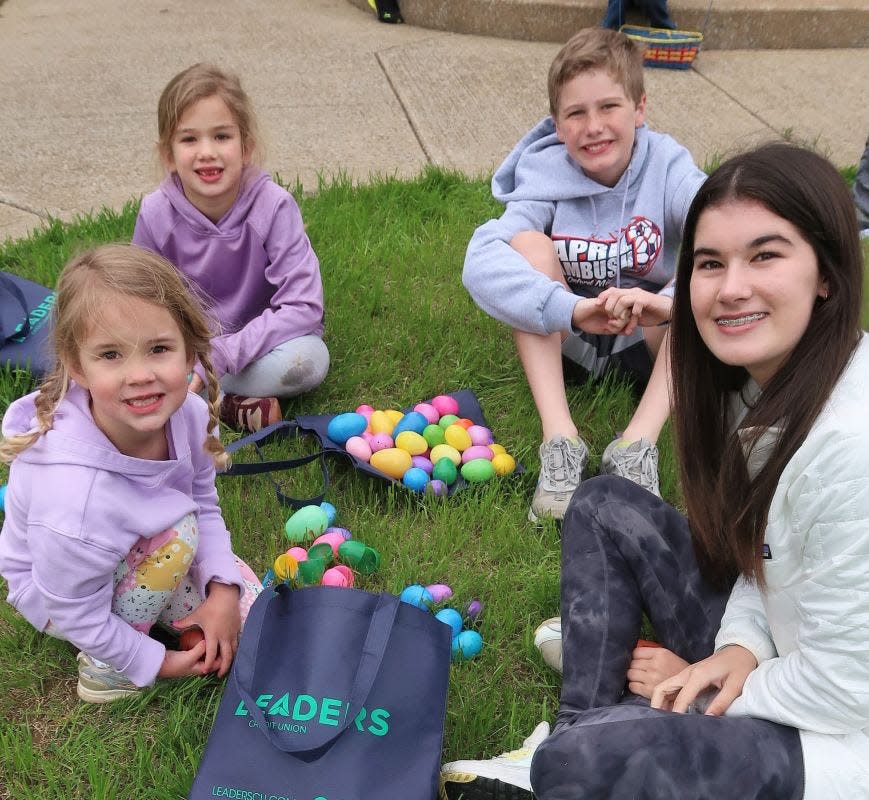 Addison Dooley, Mallory Dooley, Jackson Montgomery, and Edie Montgomery hold up Easter eggs they found during the Bunny Run 5K and 1-mile Fun Run/Bunny Hop hosted by the Dream Center of Jackson on the lawn of Union University in Jackson, Tennessee on Saturday, March 08, 2023. Awards were given to the top three males and female finishers during the event, which is held annually to benefit the operations of the Dream Center. An Easter Egg hunt and a photo opportunity with the Easter Bunny were held for children during the event.