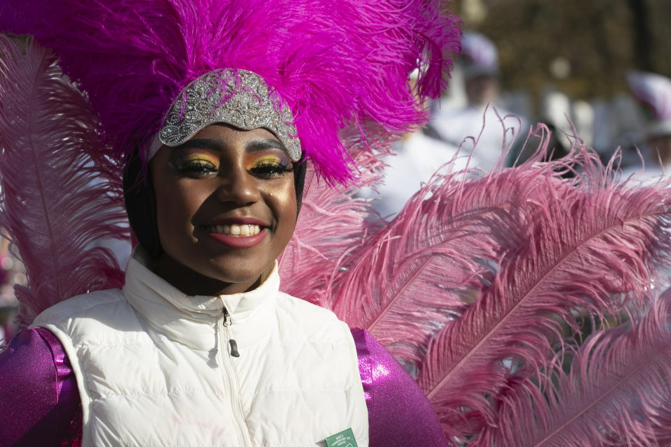 Kaylah Lightfoot, of Blue Springs High School marching band from Blue Springs, Mo., participates in the Macy's Thanksgiving Day Parade, Thursday, Nov. 28, 2019, in New York. (AP Photo/Mark Lennihan)