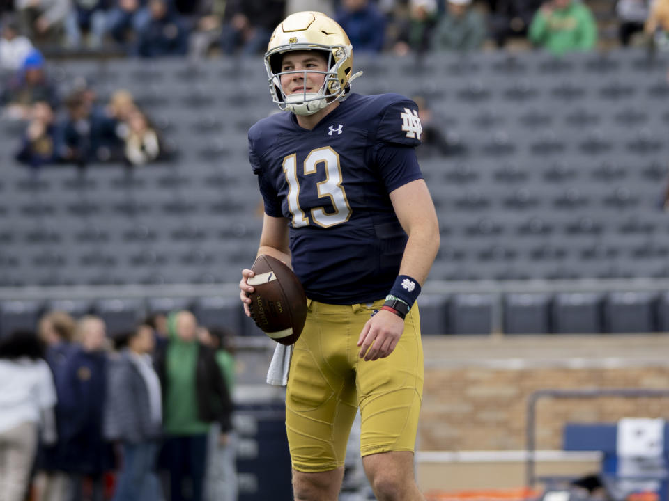 SOUTH BEND, IN - APRIL 20: Notre Dame quarterback Riley Leonard (13) warms up before the Notre Dame Spring Game at Notre Dame Stadium on April 20, 2024. (Photo by Joseph Weiser/Icon Sportswire via Getty Images)