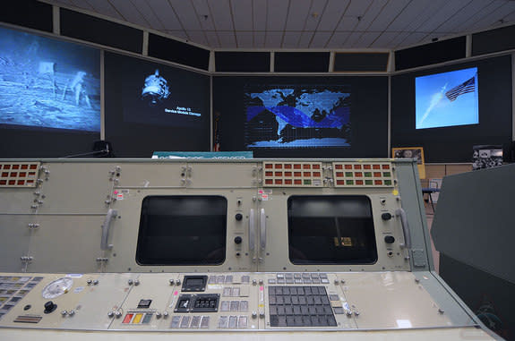 View from one of the original consoles in NASA's historic Mission Control in Houston, as first used 50 years ago.