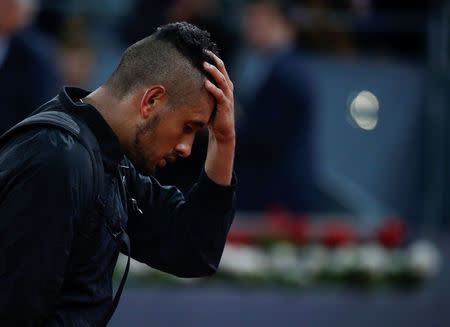 FILE PHOTO: Tennis - ATP 1000 Masters - Madrid Open - Rafael Nadal of Spain v Nick Kyrgios of Australia - Madrid, Spain - 11/5/17- Kyrgios leaves court. REUTERS/Sergio Perez