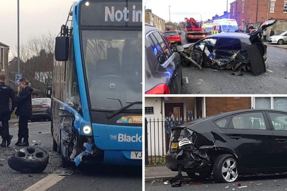 A road was closed after a crash between a car and bus in Blackburn. i(Image: Shad Chefs Fb)/i