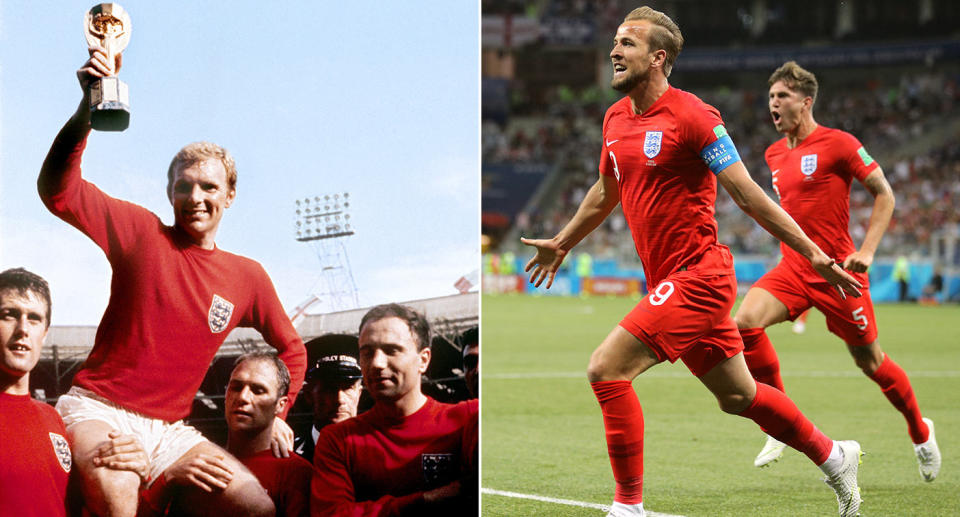 History repeating itself? Bobby Moore lifts the World Cup trophy for England in 1966 (left), as Harry Kane gets the Three Lions off to a flyer in 2018 against Tunisia. (Getty)