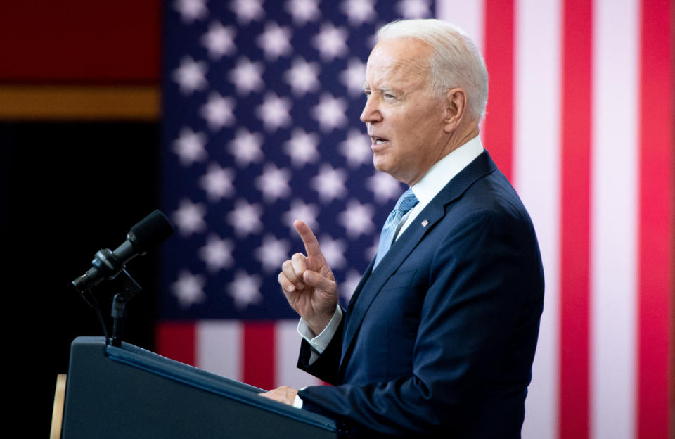 US President Joe Biden speaks about voting rights at the National Constitution Center in Philadelphia, Pennsylvania, July 13, 2021. (Photo by SAUL LOEB / AFP) (Photo by SAUL LOEB/AFP via Getty Images)