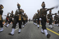 Indian army soldiers march during rehearsals for the upcoming Republic Day parade at the Raisina hills, the government seat of power, in New Delhi, India, Monday, Jan. 18, 2021. Republic Day marks the anniversary of the adoption of the country's constitution on Jan. 26, 1950. Thousands congregate on Rajpath, a ceremonial boulevard in New Delhi, to watch a flamboyant display of the country’s military power and cultural diversity. (AP Photo/Manish Swarup)