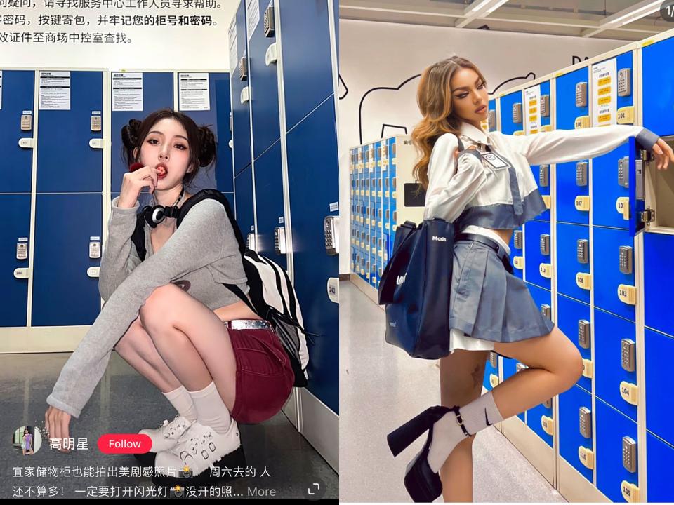 screenshots of influencers using IKEA storage lockers as props in "American high school" social media trend